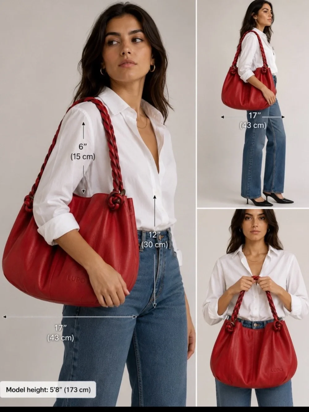 Lupo Barcelona Red Leather Braided Handle Hobo Shoulder Bag + Matching Zip Pouch